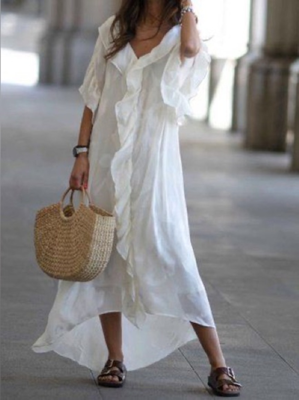 H&M Cream Floral Jacquard Ruffle V-Neck Sheer Maxi Dress / Caftan Cover-Up | M/L